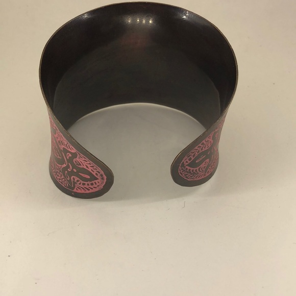 Burnished Brass Embossed Pink Enamel Cuff Bracelet - Picture 2 of 3